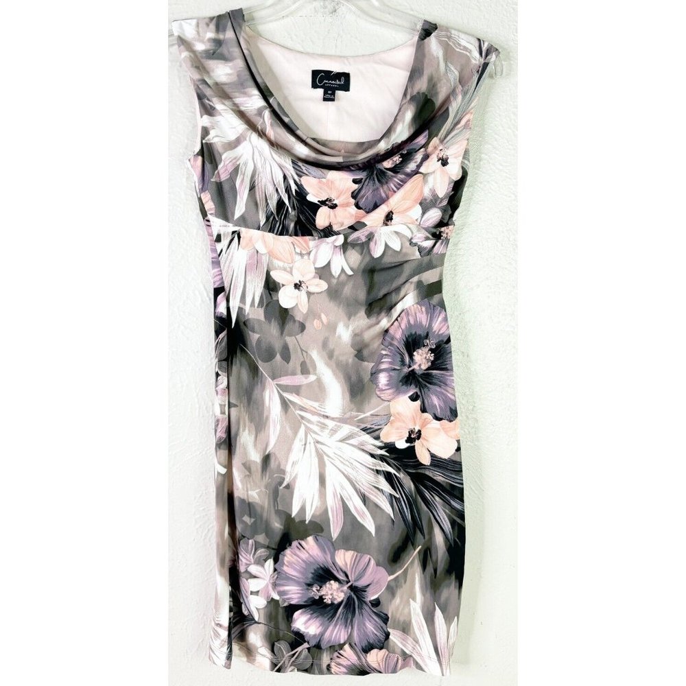 Connected Apparel Sz 4 Petite Floral Cowl Neck Bodycon Lined Dress Poly/Span EUC